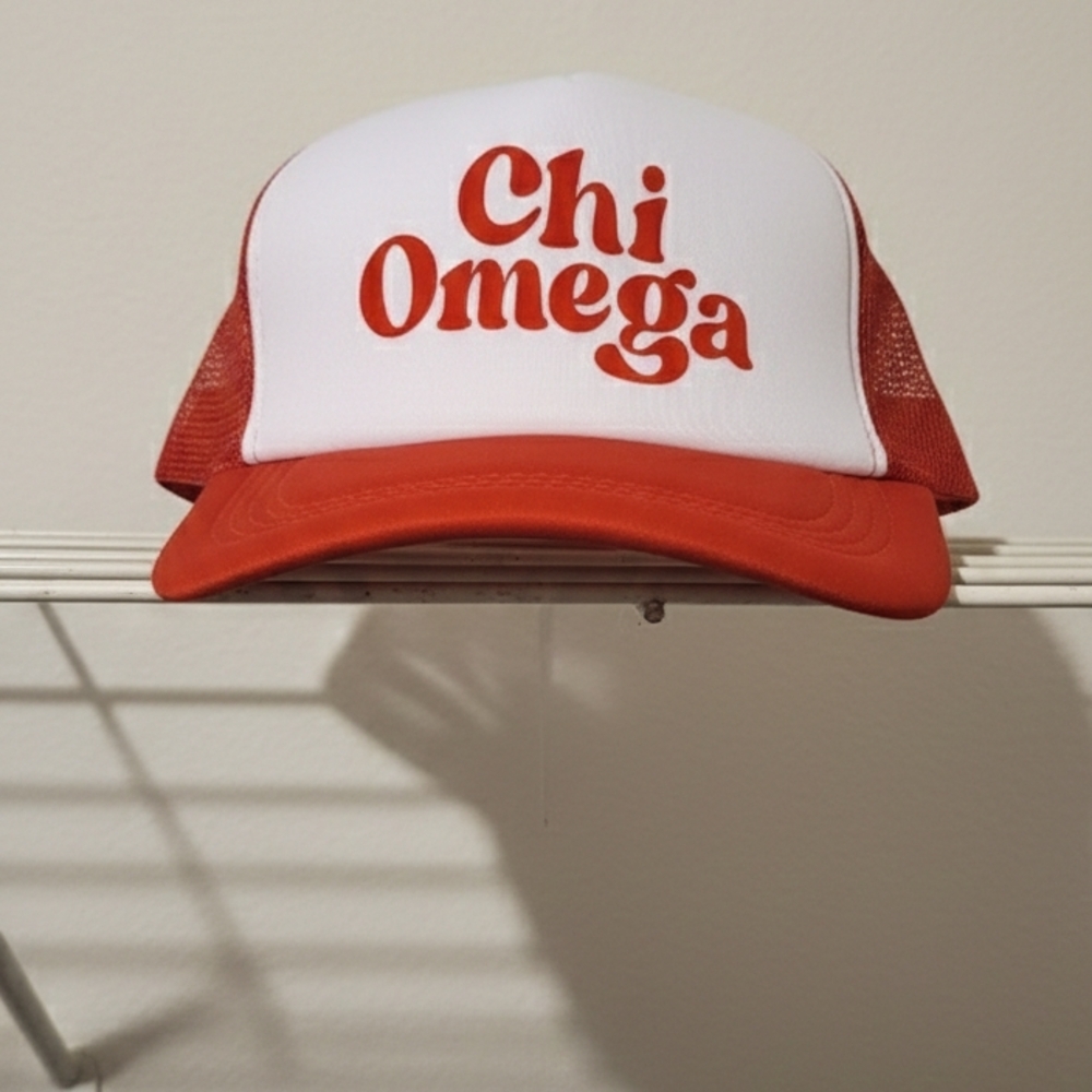 Red and White Chi Omega Trucker Hat